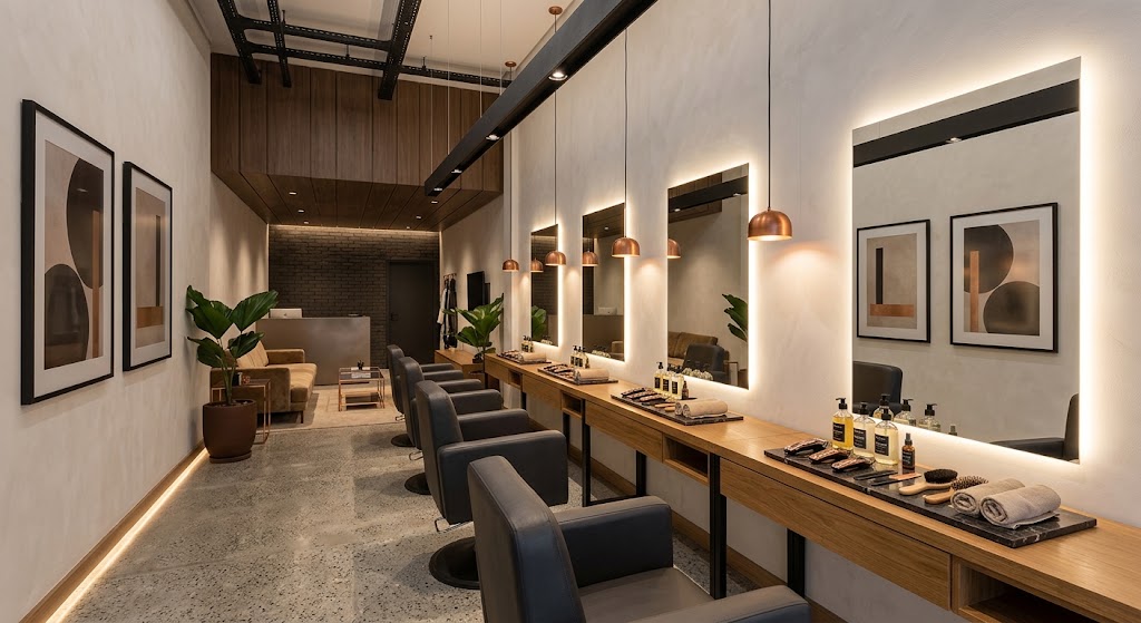 Interior contemporâneo da barbearia com cadeiras, espelhos e iluminação acolhedora