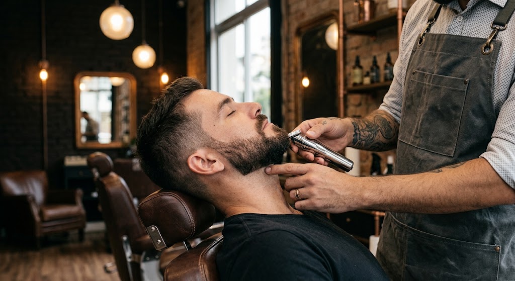 Barbeiro alinhando a barba de um cliente com máquina de acabamento