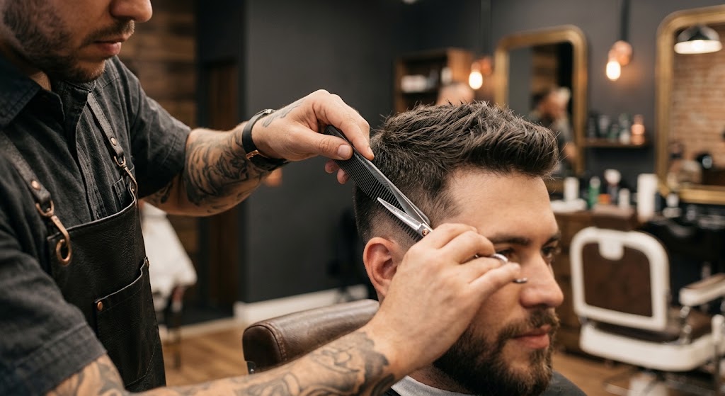 Barbeiro trabalhando um corte masculino com pente e tesoura